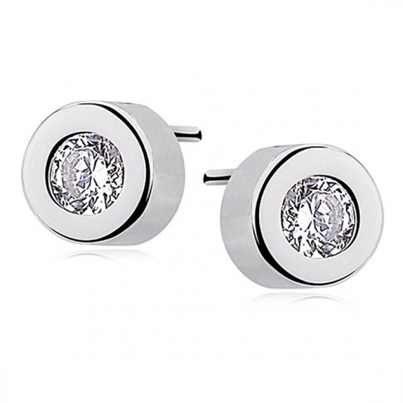 Round silver earrings, White zirconium