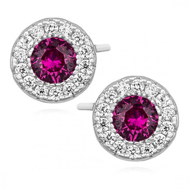 Silver elegant earrings with zirconia, round Ruby