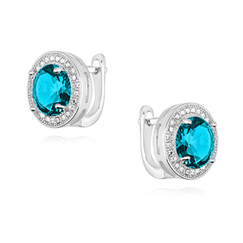 Silver earrings with round zirconia, Aquamarine