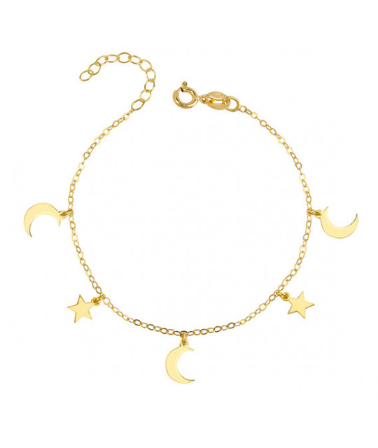 Silver bracelet with moon and star pendants, gold-plated