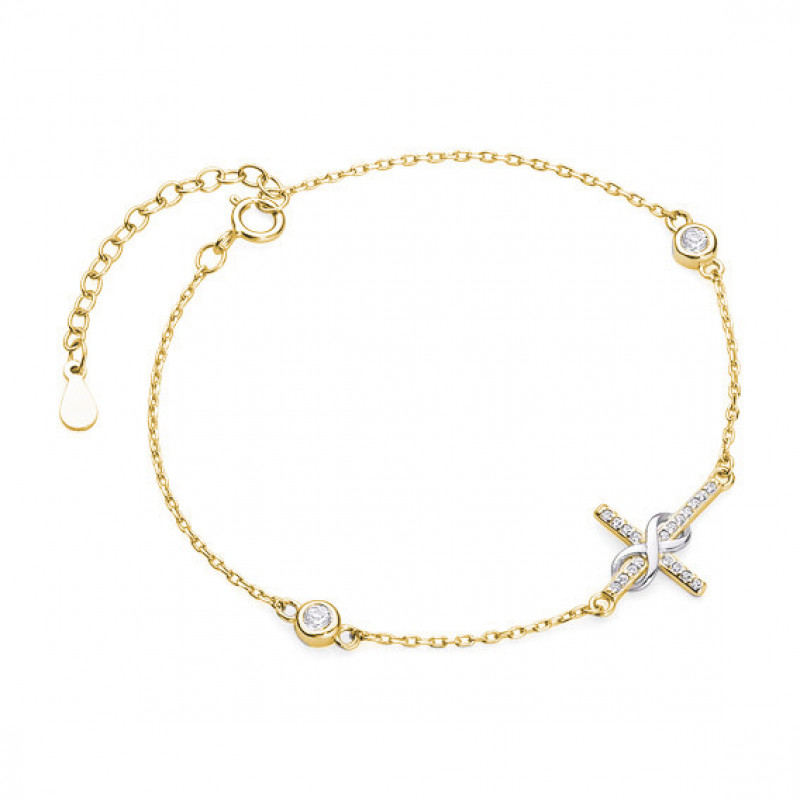 Gold-plated silver bracelet, Cross with zirconia and infinity