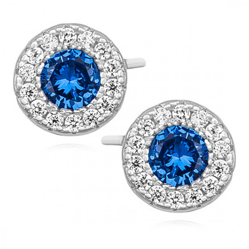 Silver elegant earrings with zirconia, round Sapphire