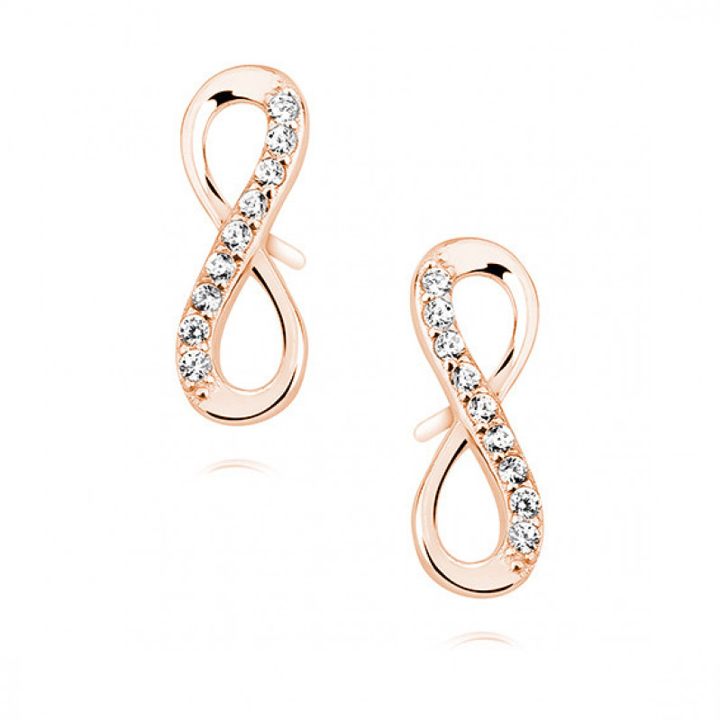 Silver earrings white zirconia, Rose gold-plated infinity