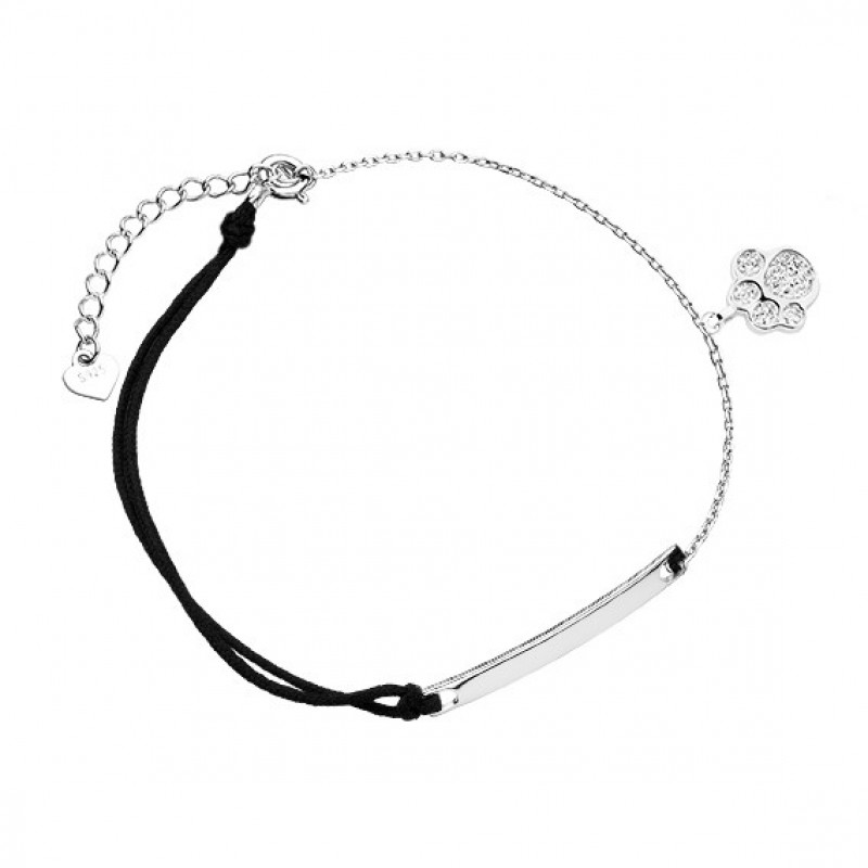 Silver bracelet with black cord, Dog/Cat paw