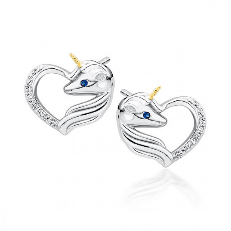 Silver earrings, Unicorn with white zirconia and sapphire eye