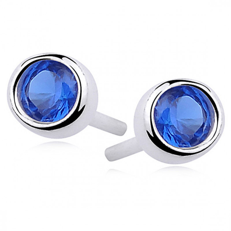 Silver round earrings zirconia, Sapphire