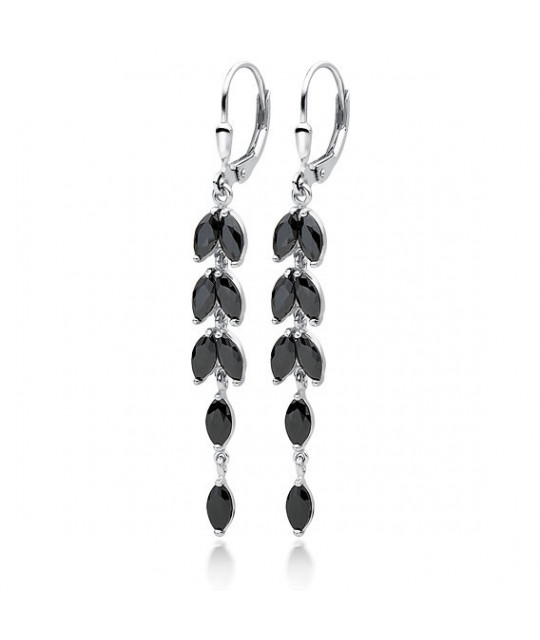 Silver earrings with black zirconia, Long leafs