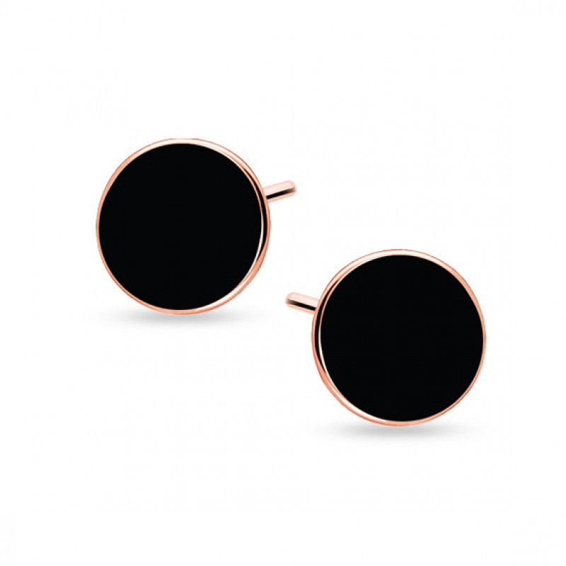 Black silver earrings, Rose gold-plated circles