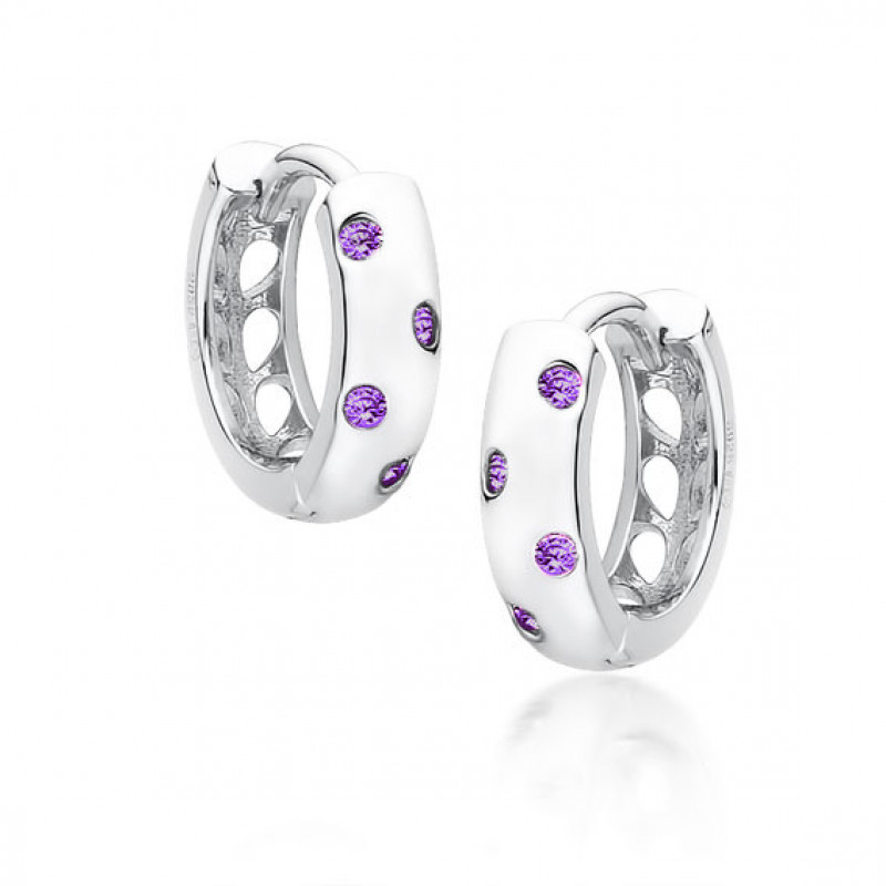 Silver earrings, Hoop with violet zircons
