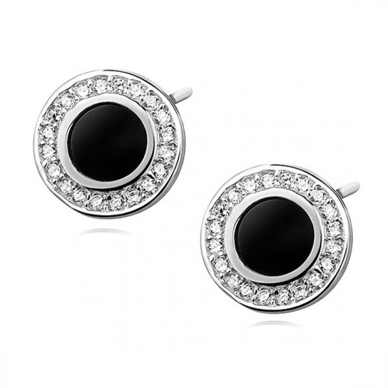 Silver elegant round earrings with black stone