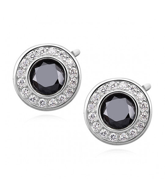 Silver elegant round earrings with black zirconia