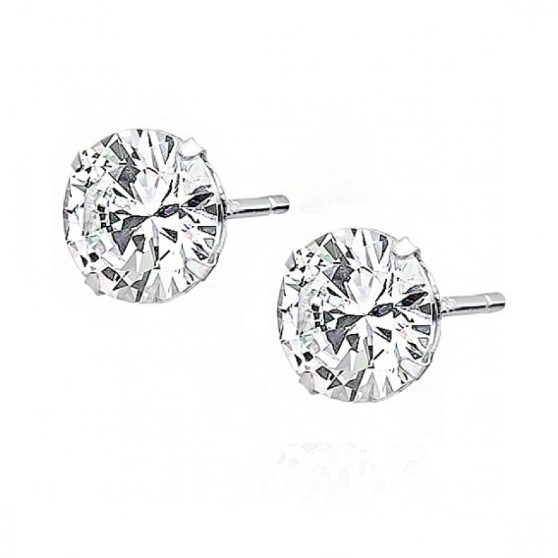 Silver earrings round with white zirconia, 7 mm