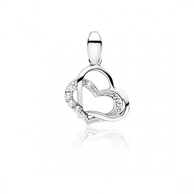 Silver pendant with white zirconia, Double heart