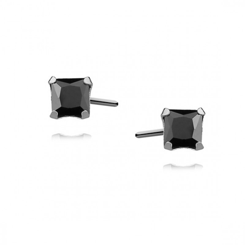 Silver earrings with black zirconia, 4 x 4mm Square