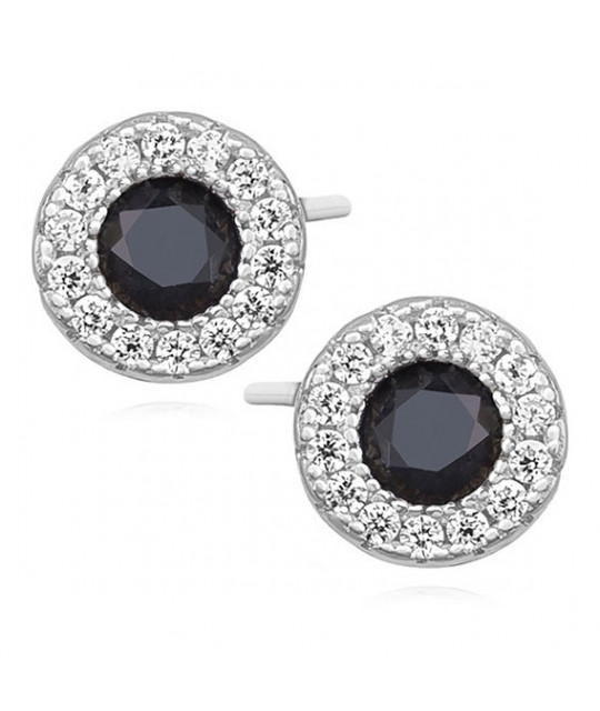 Silver elegant round earrings with black zirconia