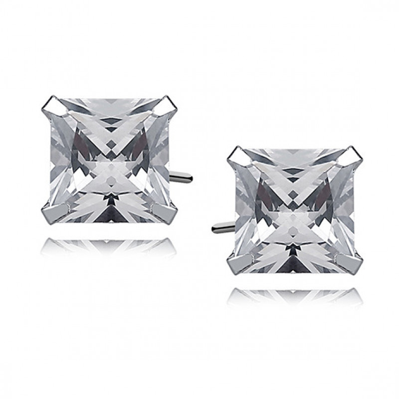 Silver earrings with white zirconia, 8 x 8mm Square