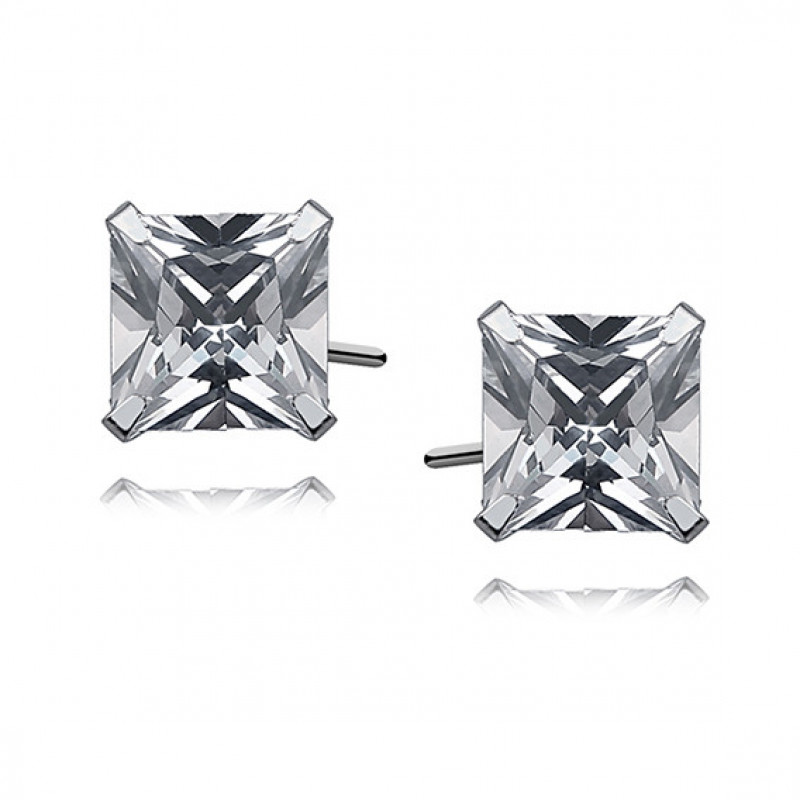 Silver earrings with white zirconia, 7 x 7mm Square