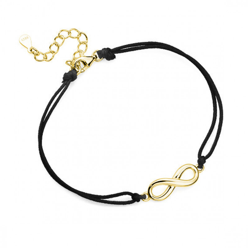 Gold-plated silver bracelet with black cord, Infinity