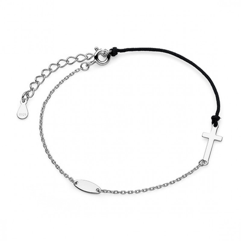 Silver bracelet with black cord, Cross