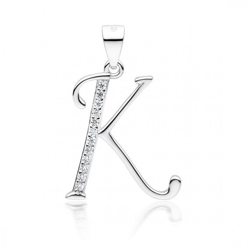 Silver pendant with white zirconia, letter K
