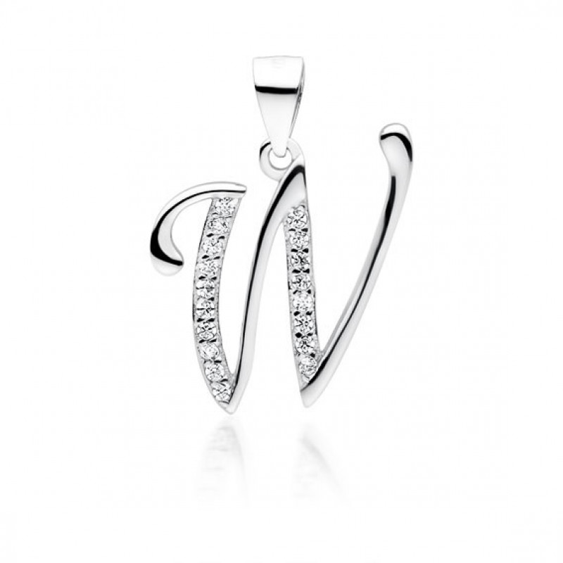 Silver pendant with white zirconia, letter W
