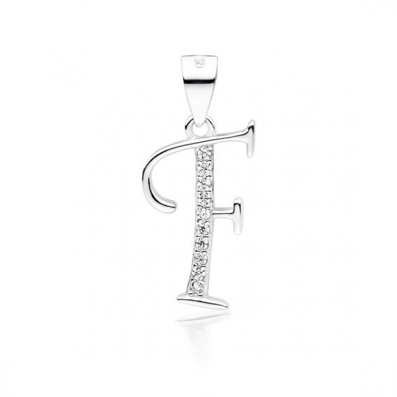 Silver pendant with white zirconia, letter F