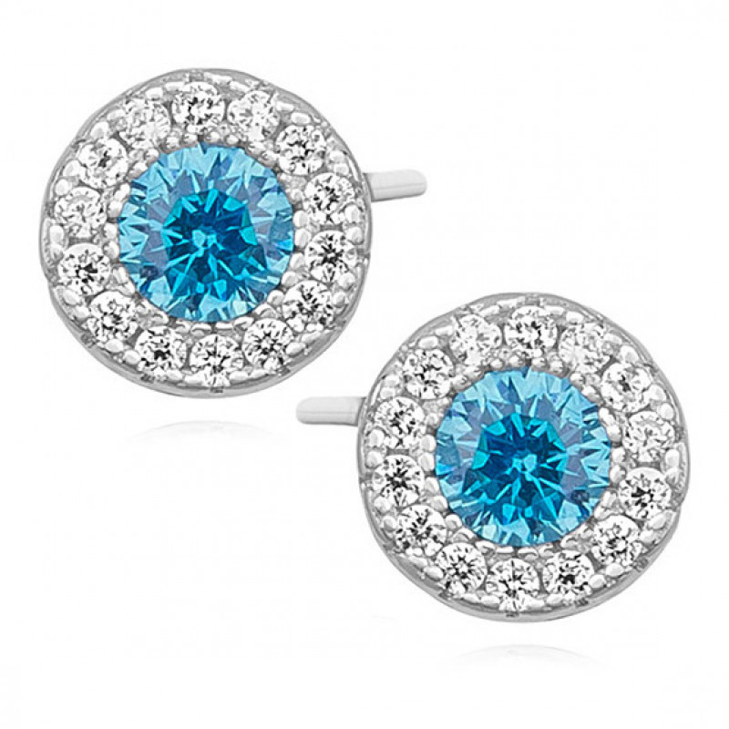 Silver elegant round earrings with zircon, Aquamarine