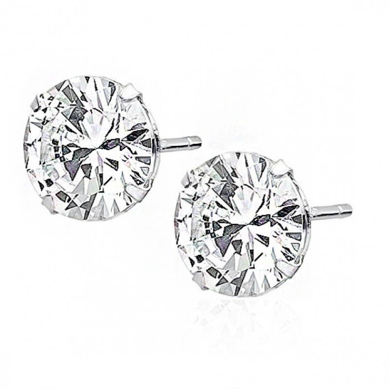 Silver earrings round with white zircon, 10 mm