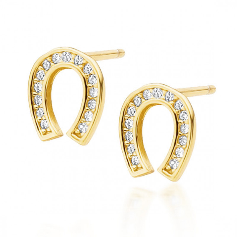Yellow gold-plated silver earrings with zircon, Horseshoe