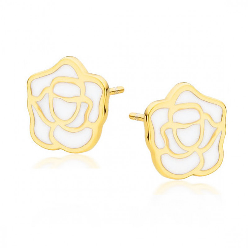 Yellow gold-plated silver earrings, Rose with white enamel