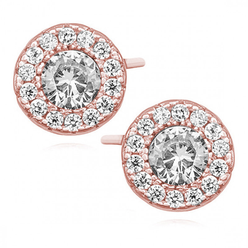 Silver elegant round earrings with zircon, Rose gold