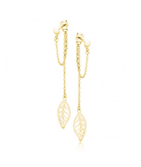 Yellow gold-plated silver earrings, Chains with a leaf