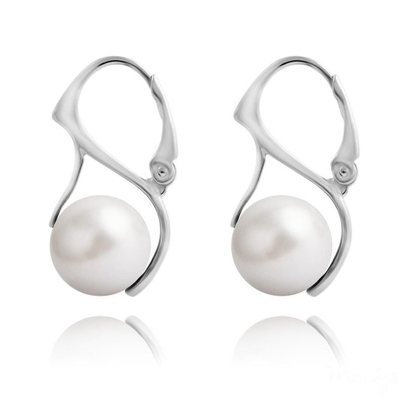 Silver Earrings Nacreous Crystal Pearl, White