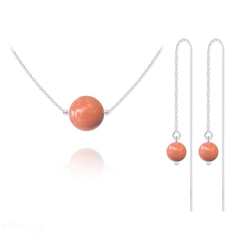 Silver Jewelry Set Nacreous Pearl, Coral