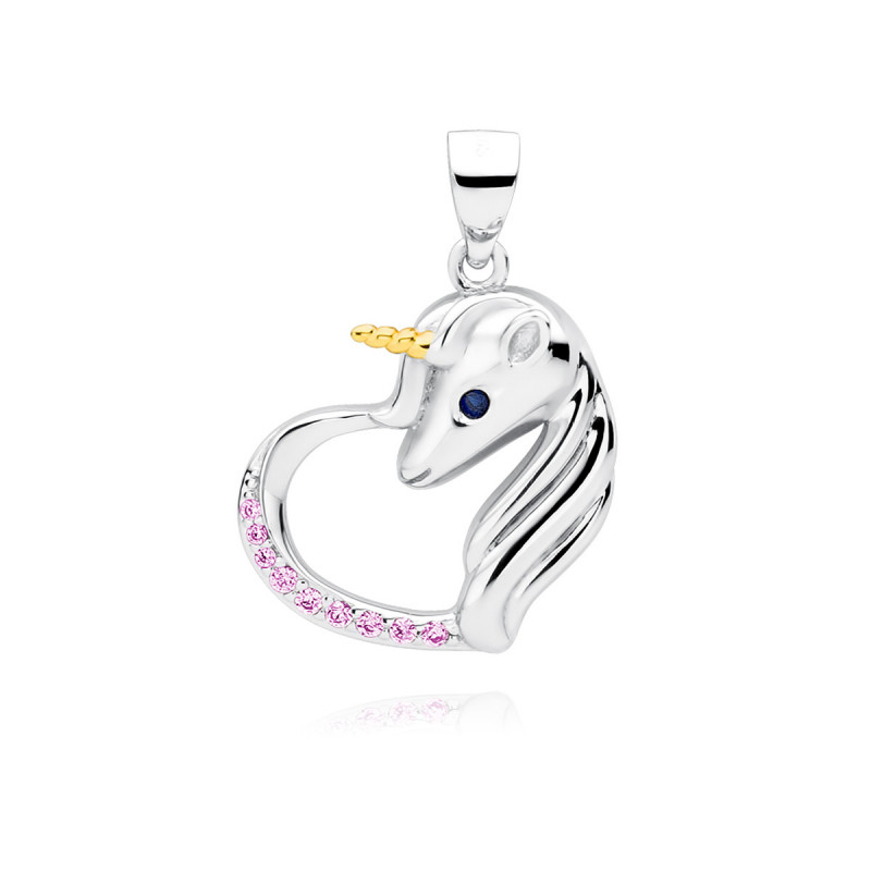 Heart pendant, Unicorn with pink zirconia and sapphire eye