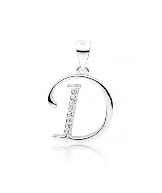 Silver pendant with white zirconia, letter D