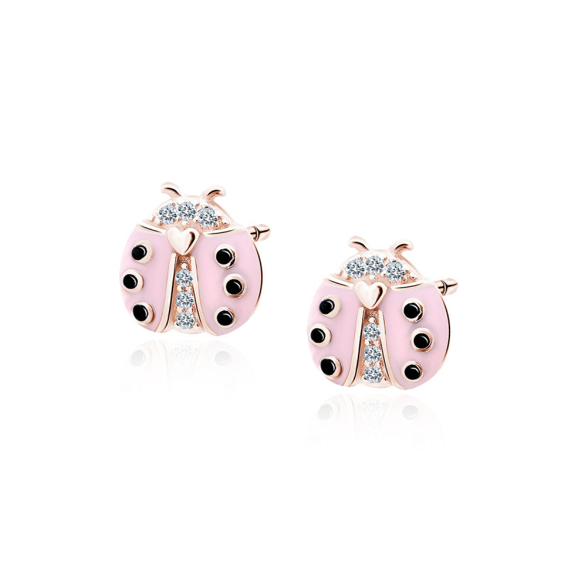 Silver earrings, Gold-plated pink ladybug