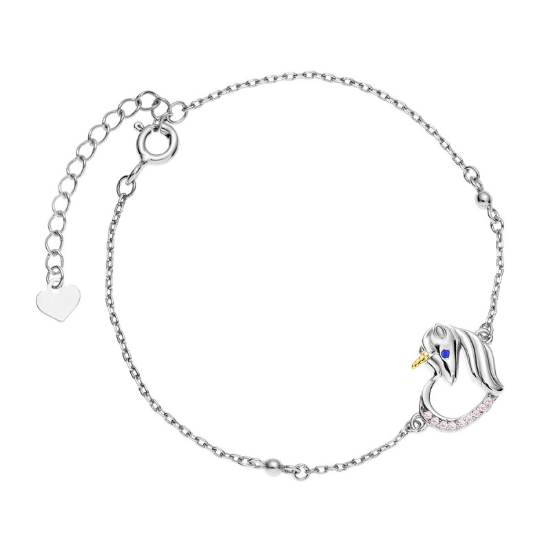 Silver bracelet, Unicorn with light pink zircon and sapphire eye