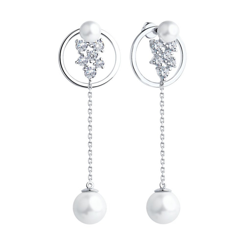 Silver earrings SOKOLOV with pearls and cubic zirkonia