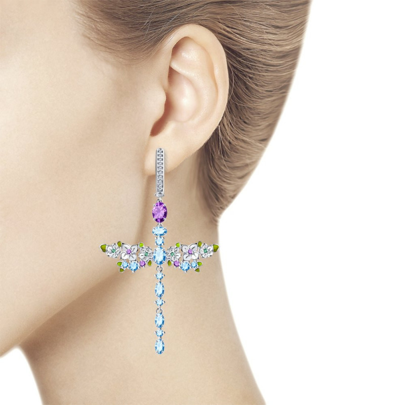 Silver earrings SOKOLOV with enamel and cubic zirkonia