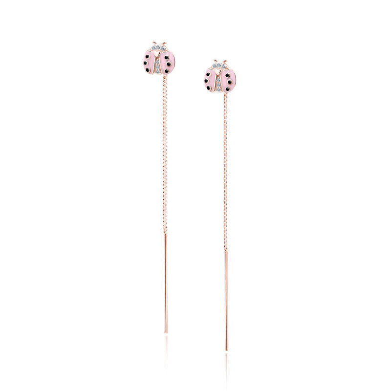 Gilded long silver earrings SENTIELL, Pink ladybug with zirconias