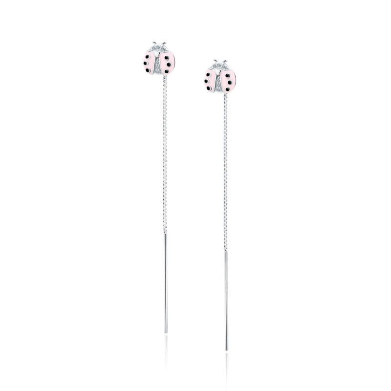 Long silver earrings SENTIELL, Pink ladybug with zirconias