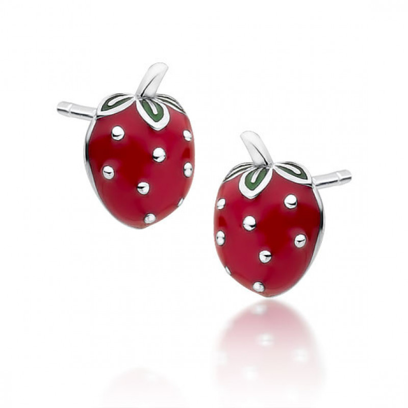 Silver earrings SENTIELL, Red enamelled strawberries