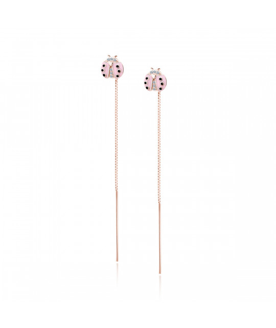 Gilded long silver earrings SENTIELL, Pink ladybug with zirconias