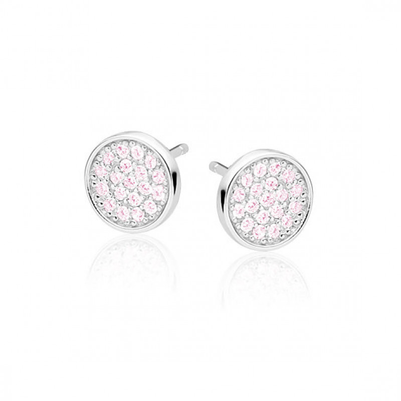 Silver round earrings SENTIELL with zircon, Light pink