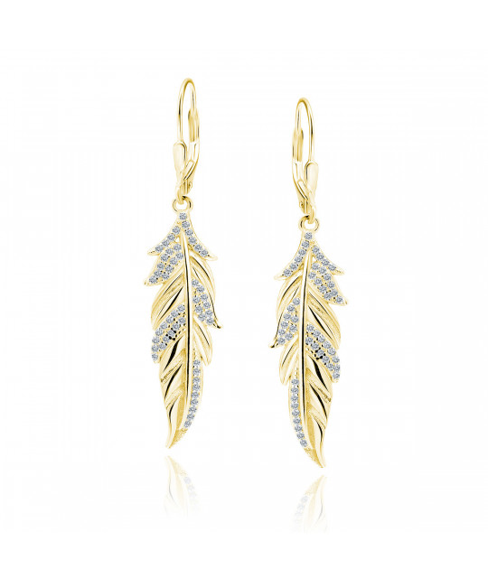 Gold-plated silver earrings SENTIELL with white zircon, Feather