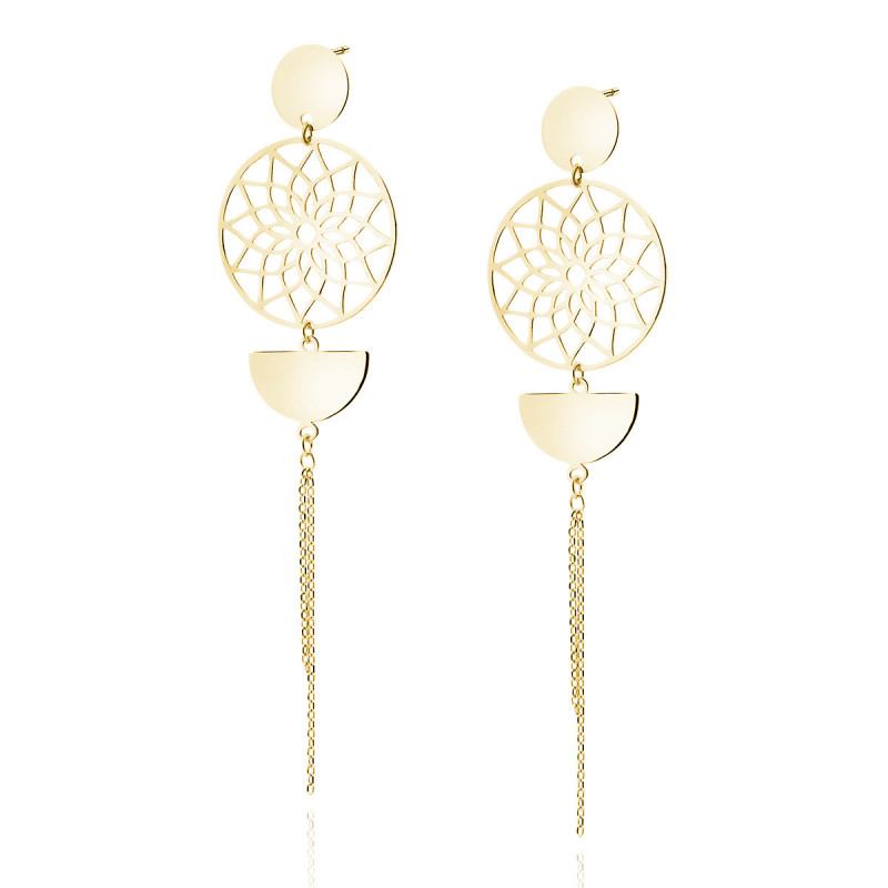 Silver gold-plated earrings SENTIELL, Mandala with circle, semicircle and chains