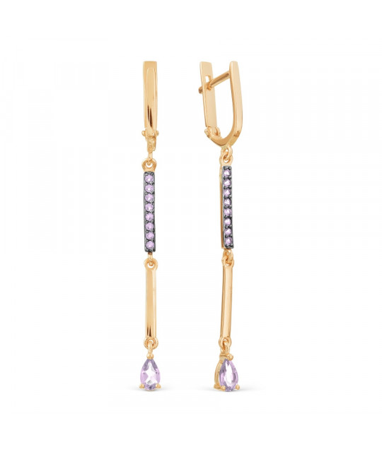 Earrings in red gold KARATOV with amethysts and cubic zirkonia