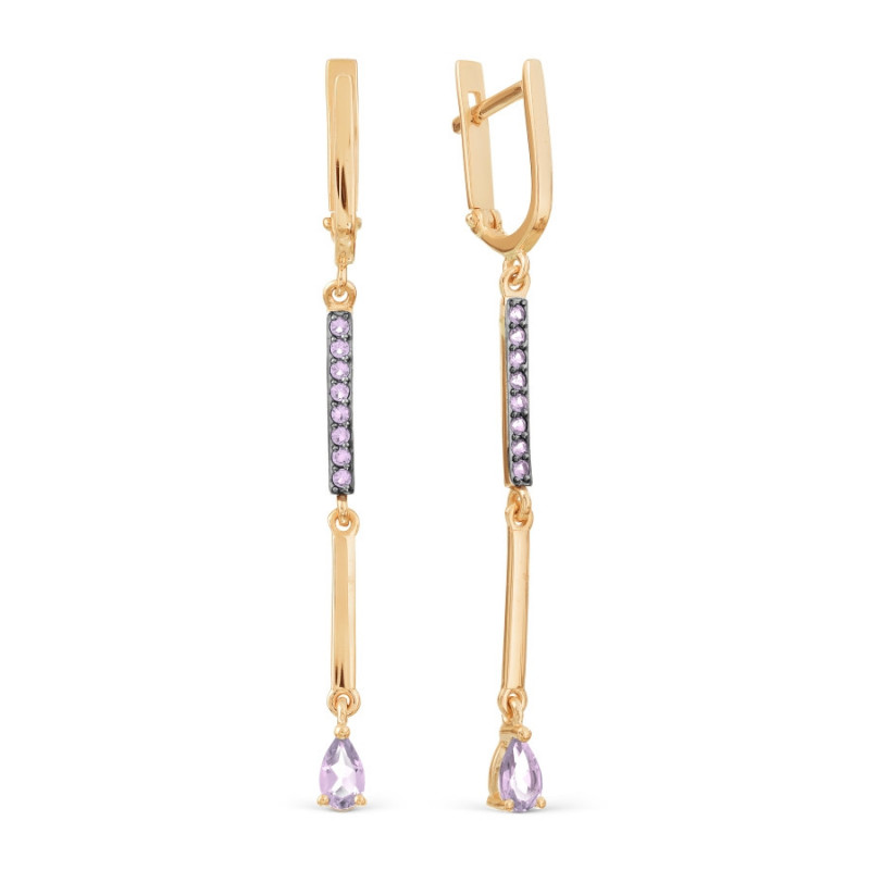 Earrings in red gold KARATOV with amethysts and cubic zirkonia