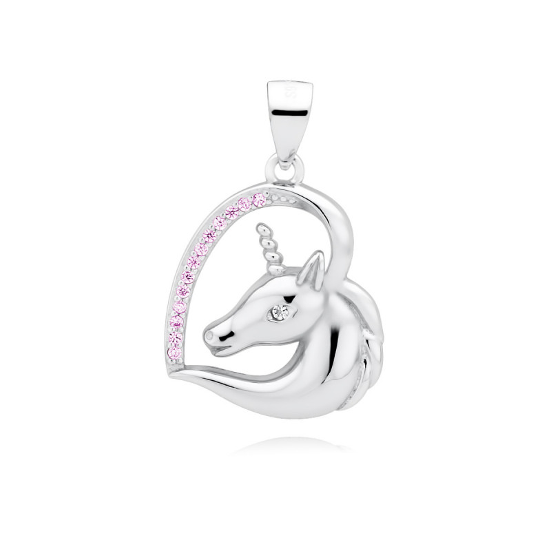 Silver heart pendant SENTIELL, Unicorn with pink zircons and white eye